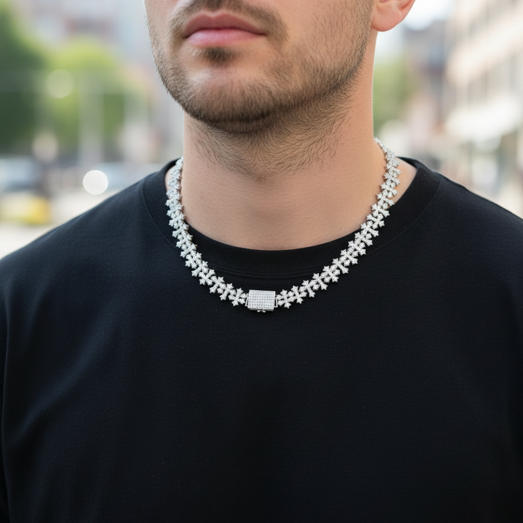 Cross Link Cuban Chain worn on model
