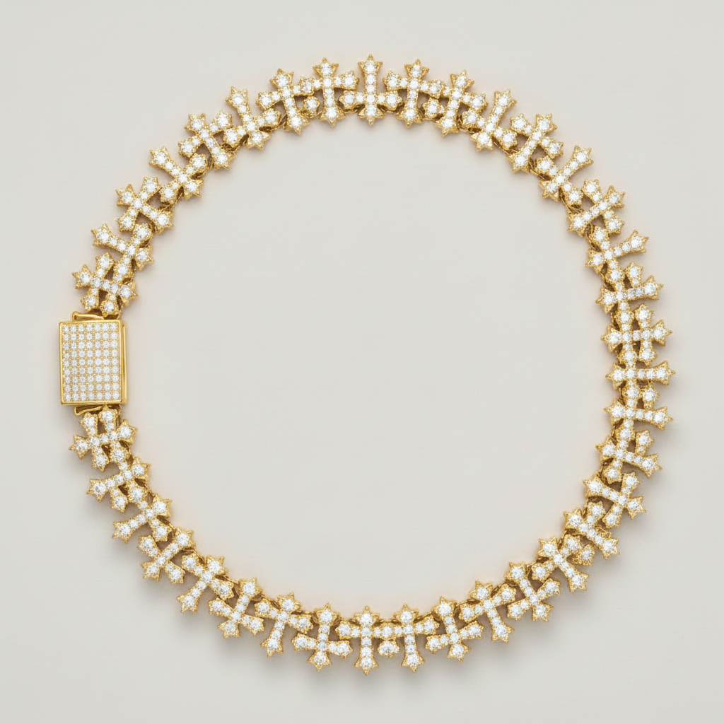 Cross link cuban chain in gold — pavé moissanite crosses