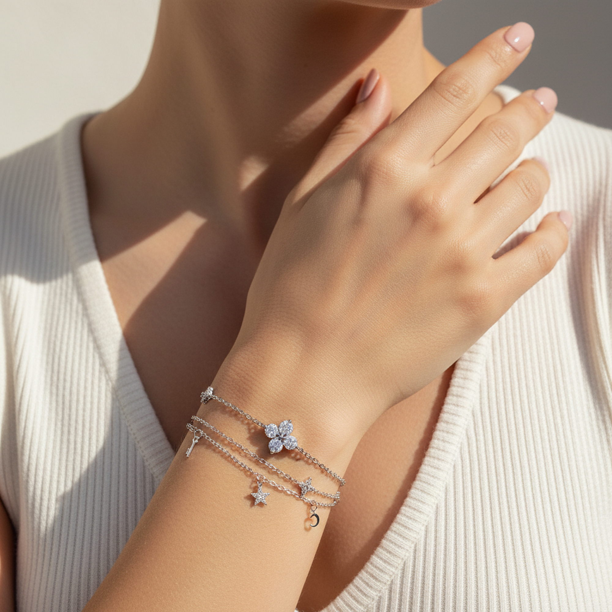 Cross & Clover Charm Bracelet on wrist