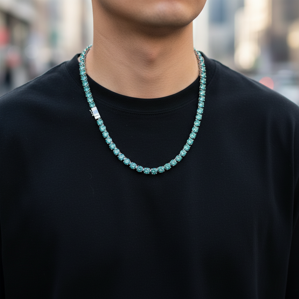 5mm Green Moissanite Tennis Chain worn on model