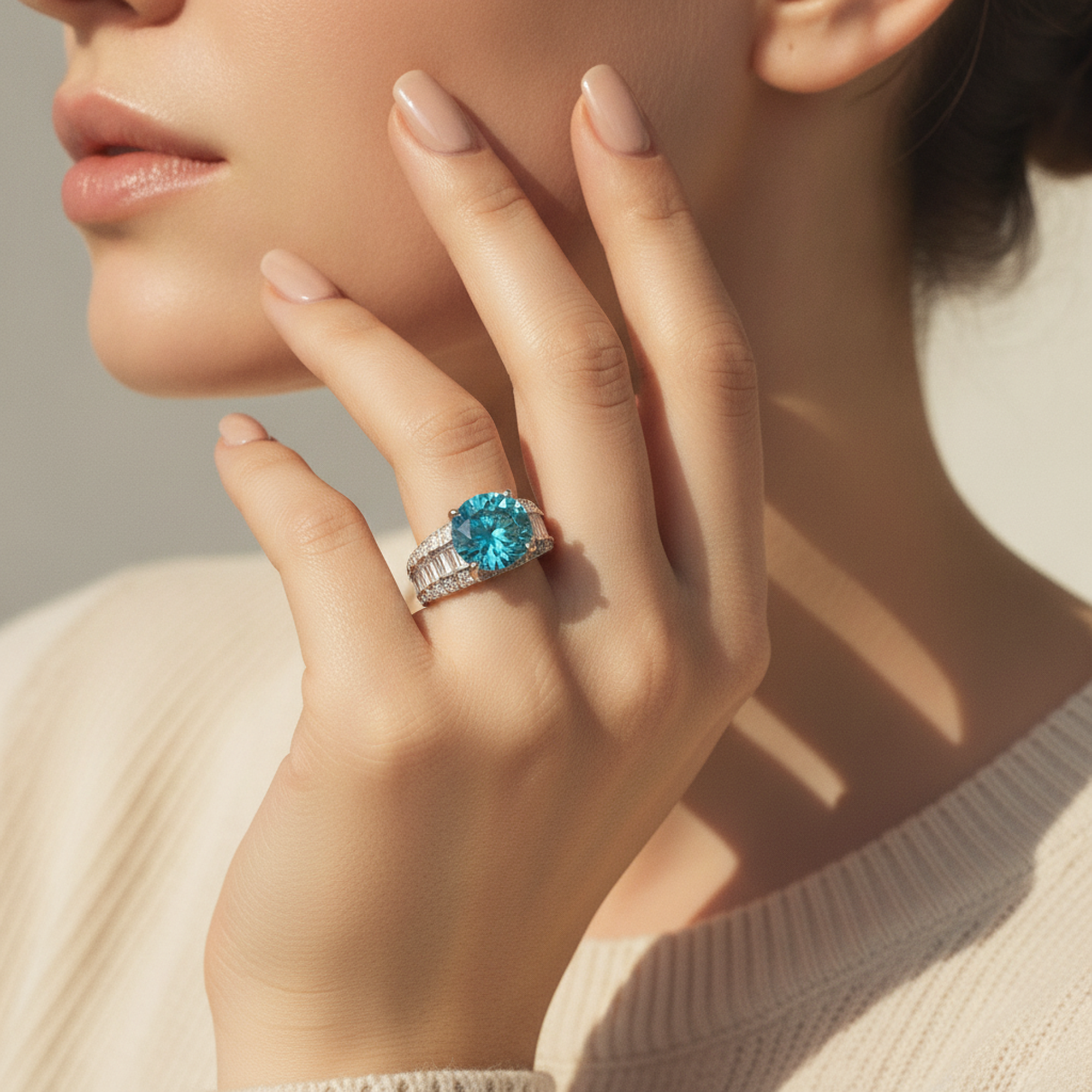 Blue Cushion Statement Ring on hand