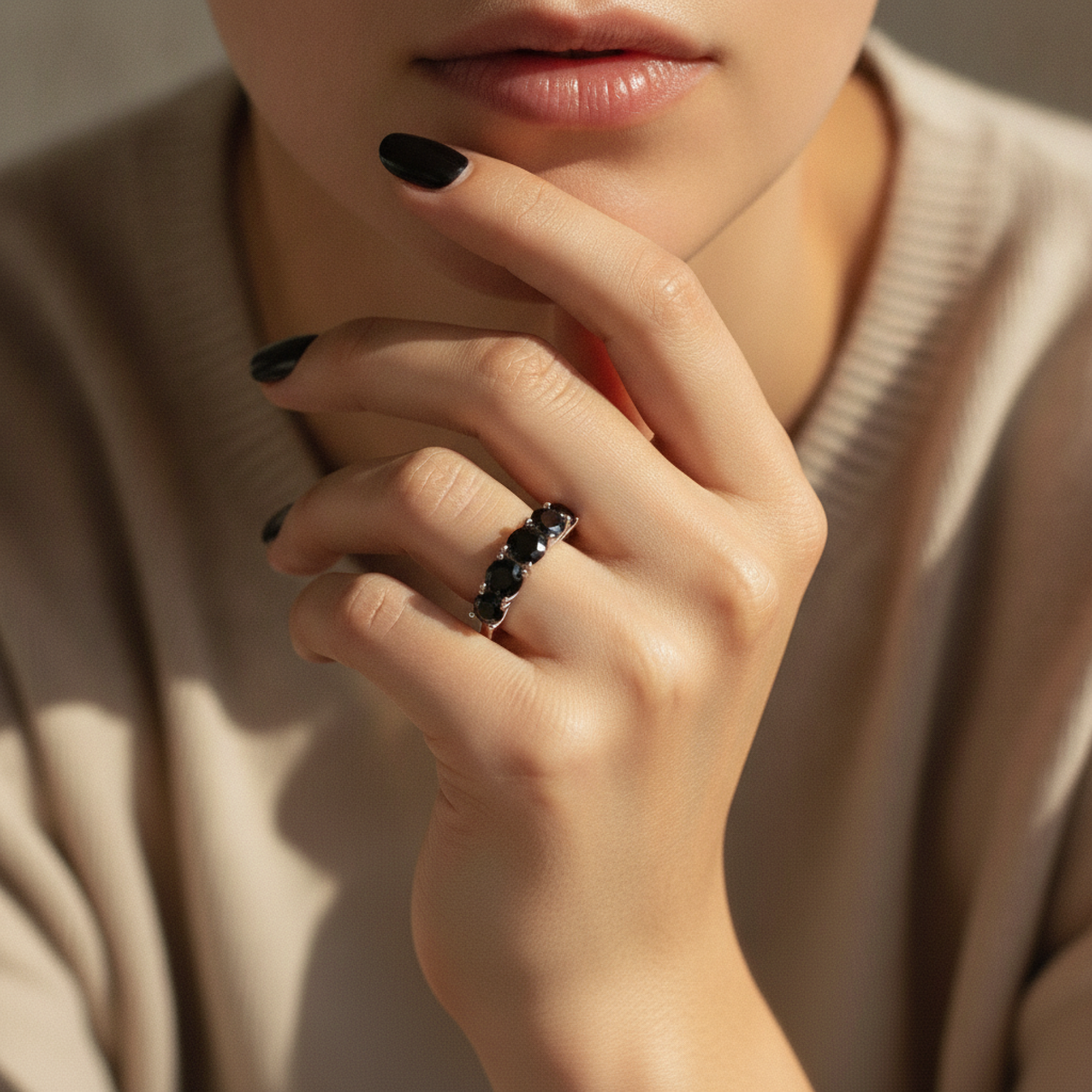 Black Moissanite Eternity Band on hand