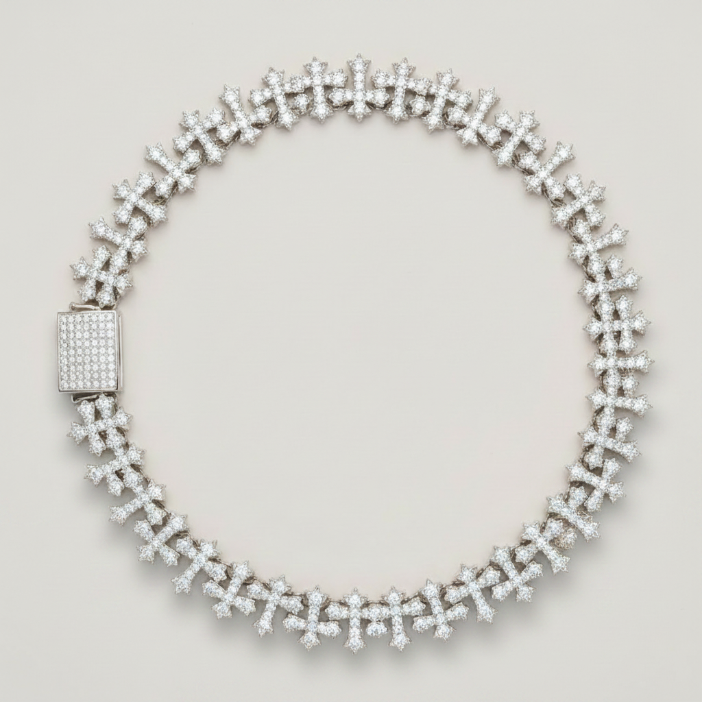Cross link cuban chain in silver — pavé moissanite crosses