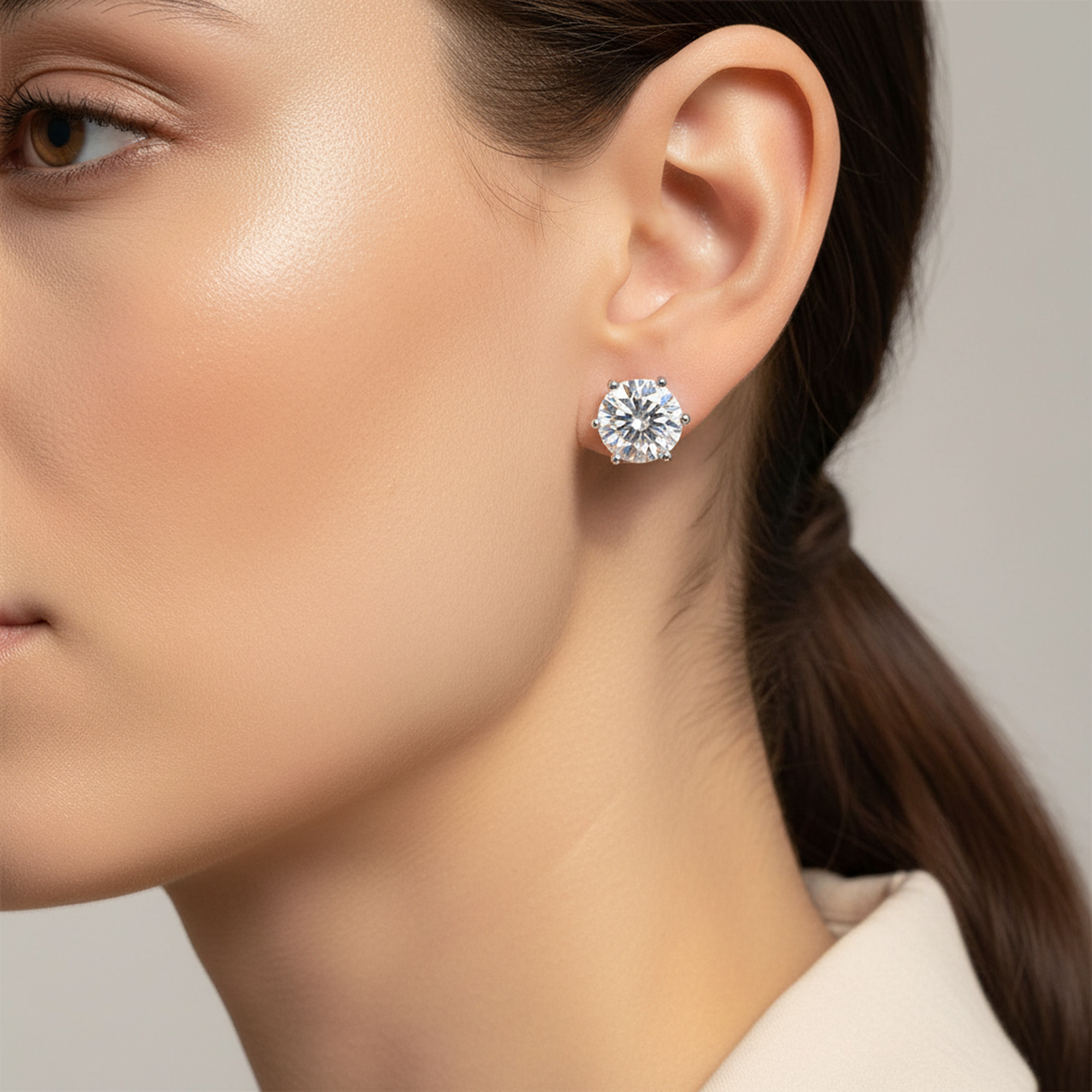 1ct Round Solitaire Studs worn on ear