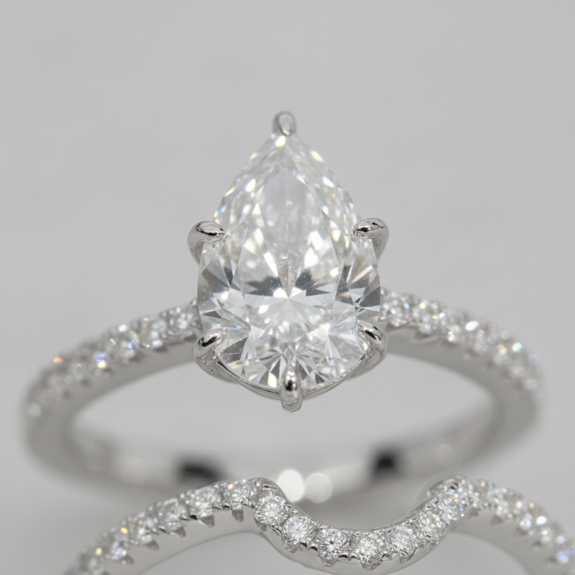 3ct Pear Bridal Set Rhodium close-up