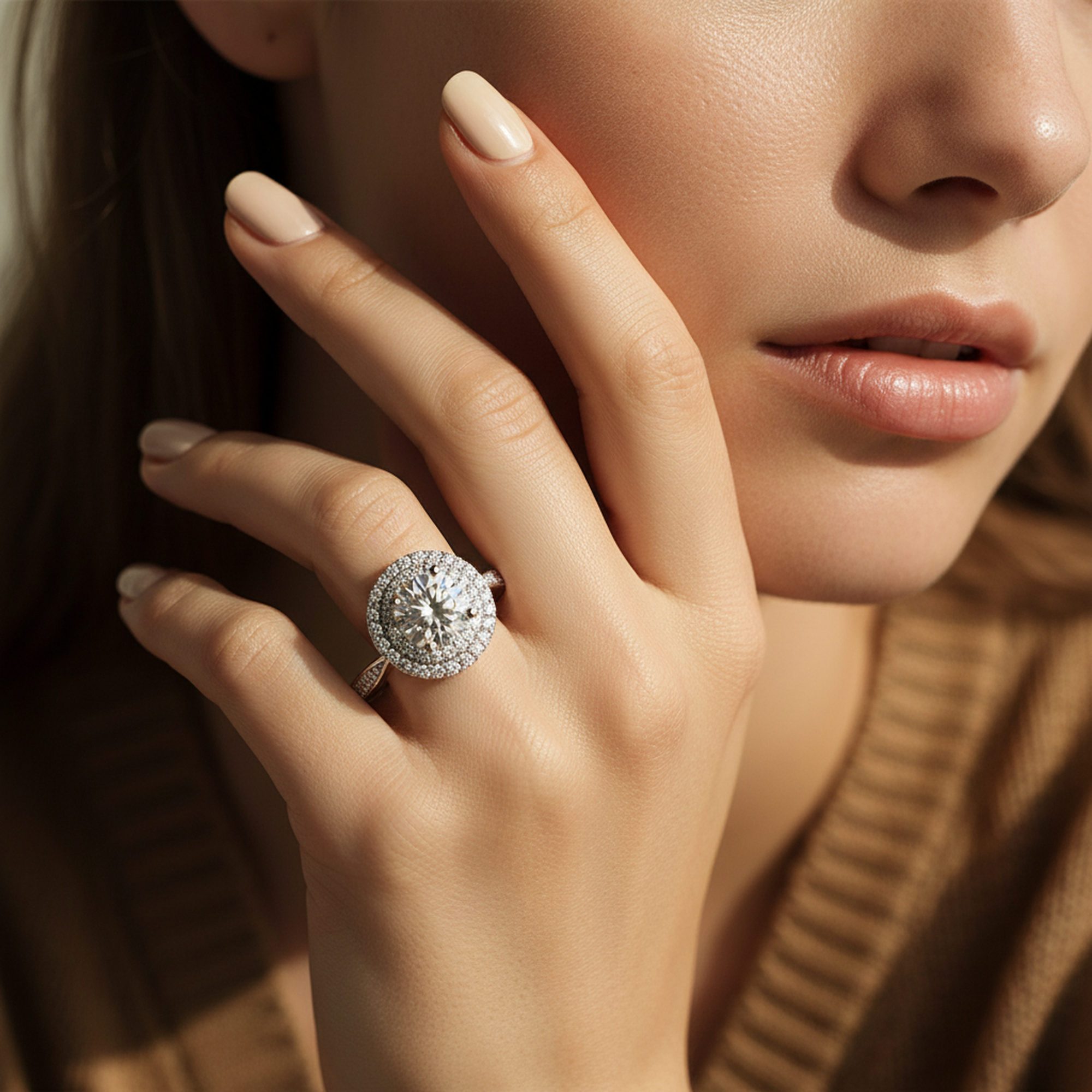 Double Halo Moissanite Ring worn on hand