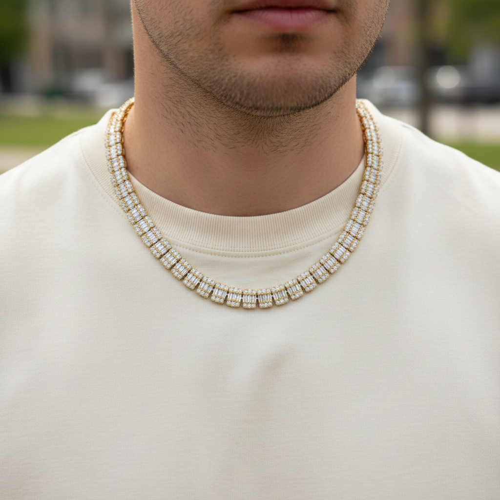 8mm Gold Baguette Cuban Chain worn on model