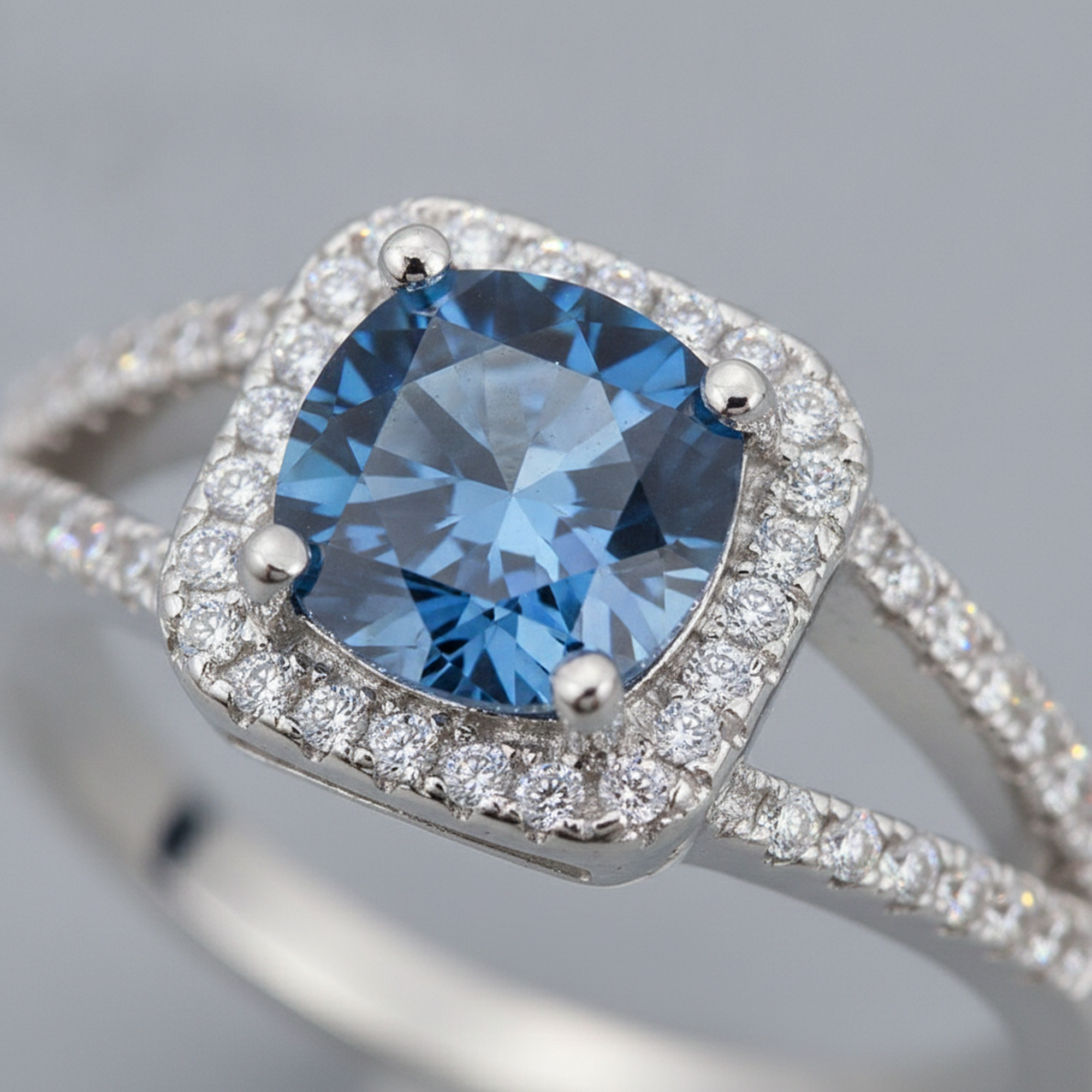 Blue Halo Moissanite Ring close-up
