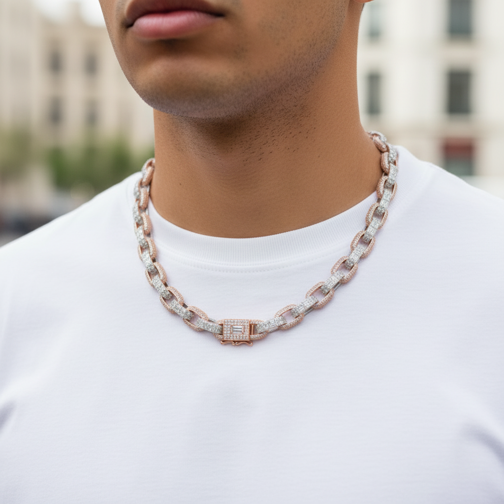 13mm Two-Tone Baguette Cuban Chain worn on model