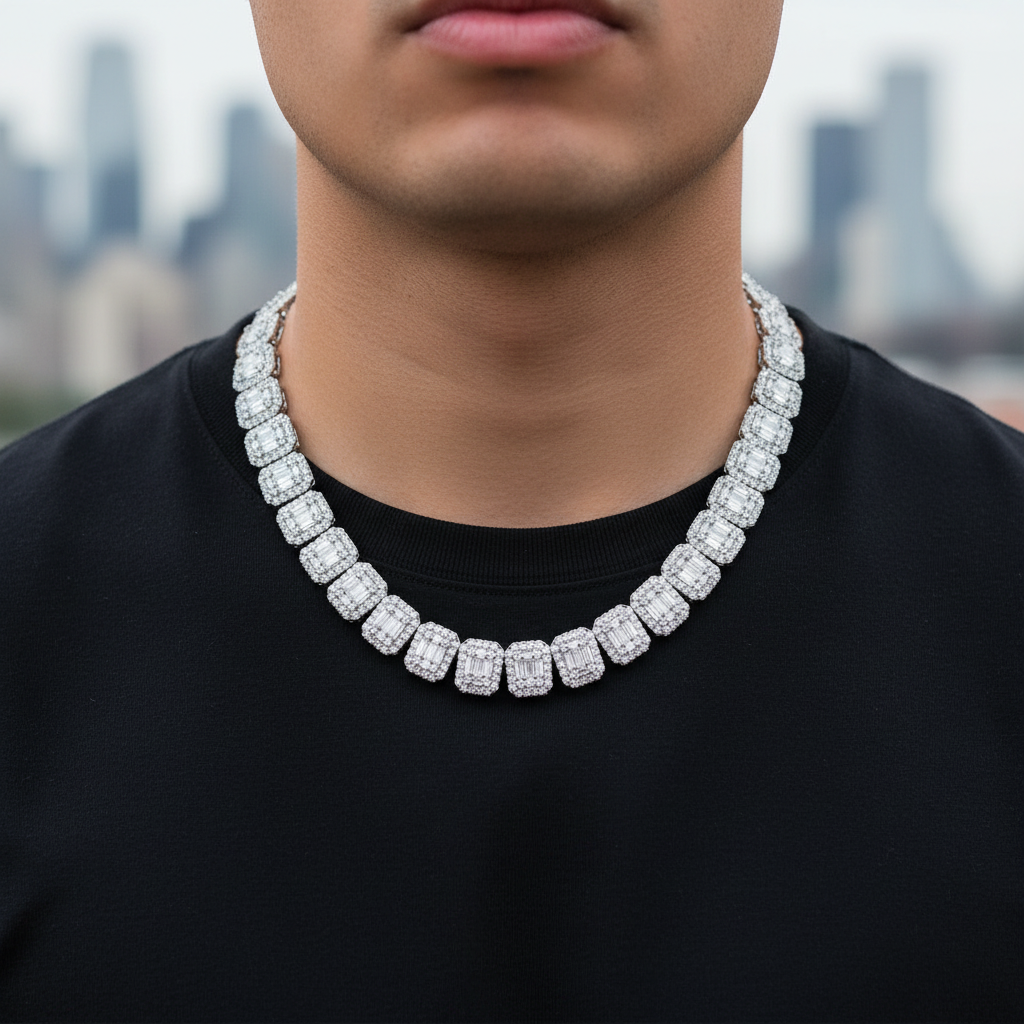 15mm Baguette Cuban Chain worn on model