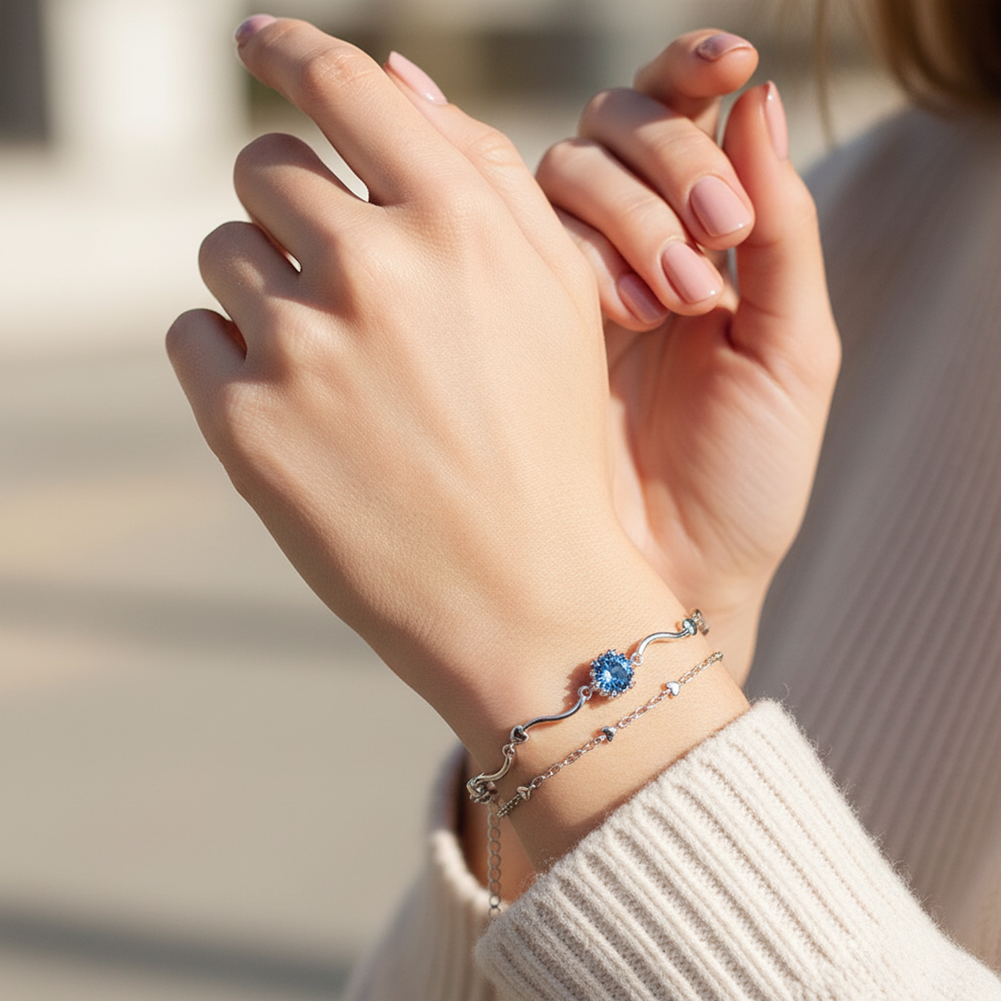 Blue Solitaire Chain Bracelet on wrist
