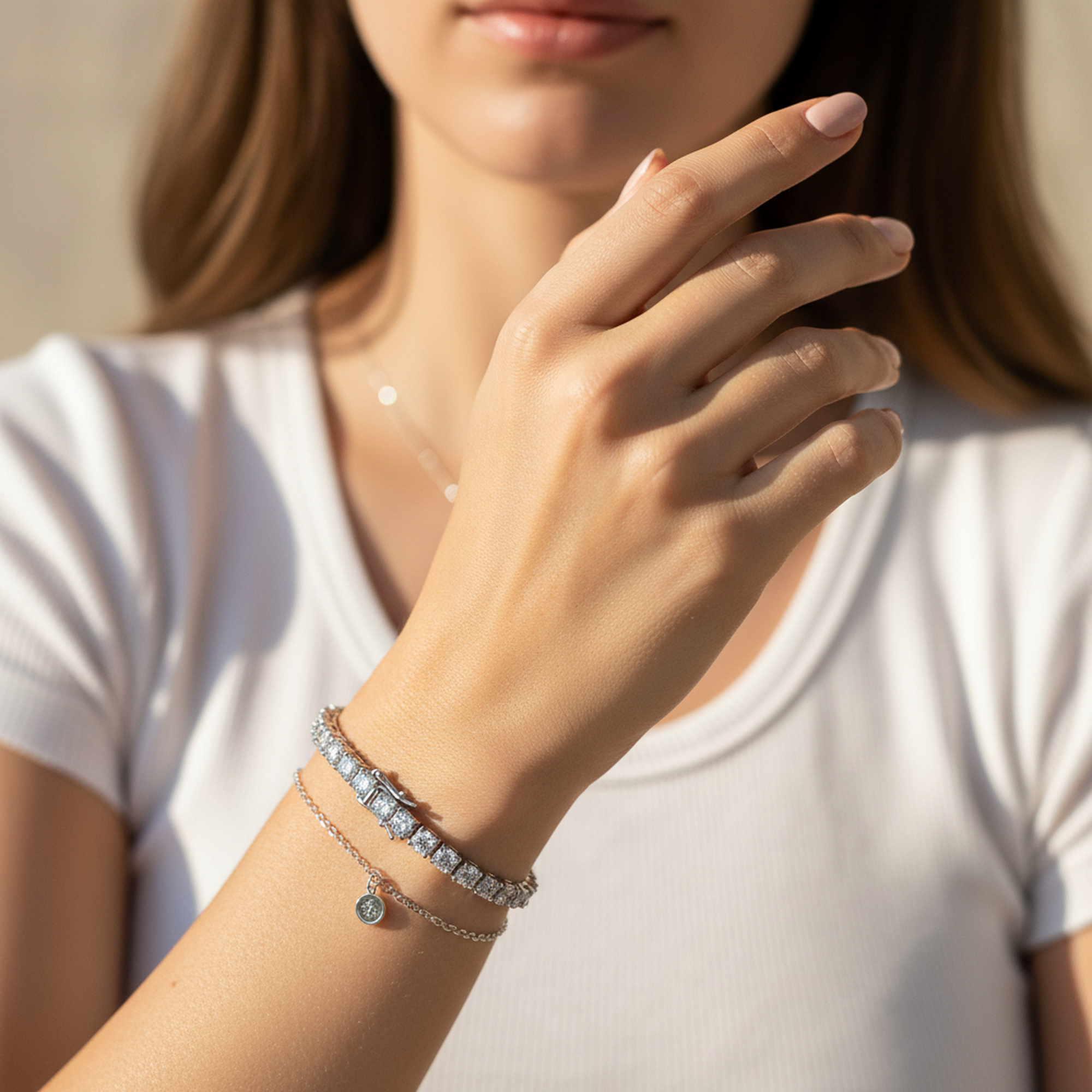 4mm White Gold Tennis Bracelet on wrist
